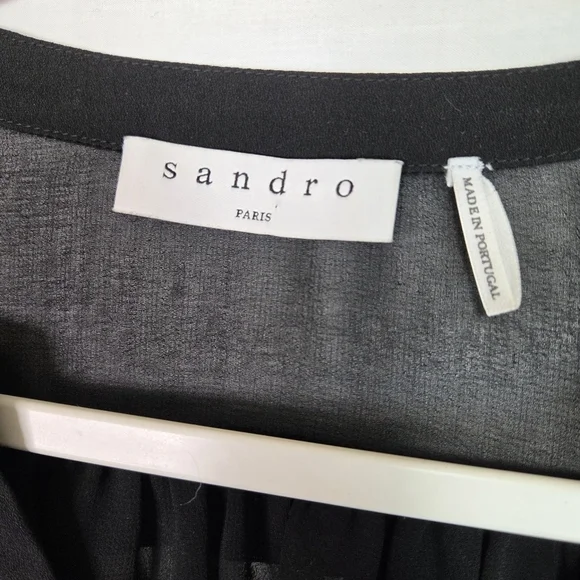 Sandro Paris Black Sheer Lace Hem Blouse Size 1 US S Linen Blend Long Sleeve - Picture 7 of 15
